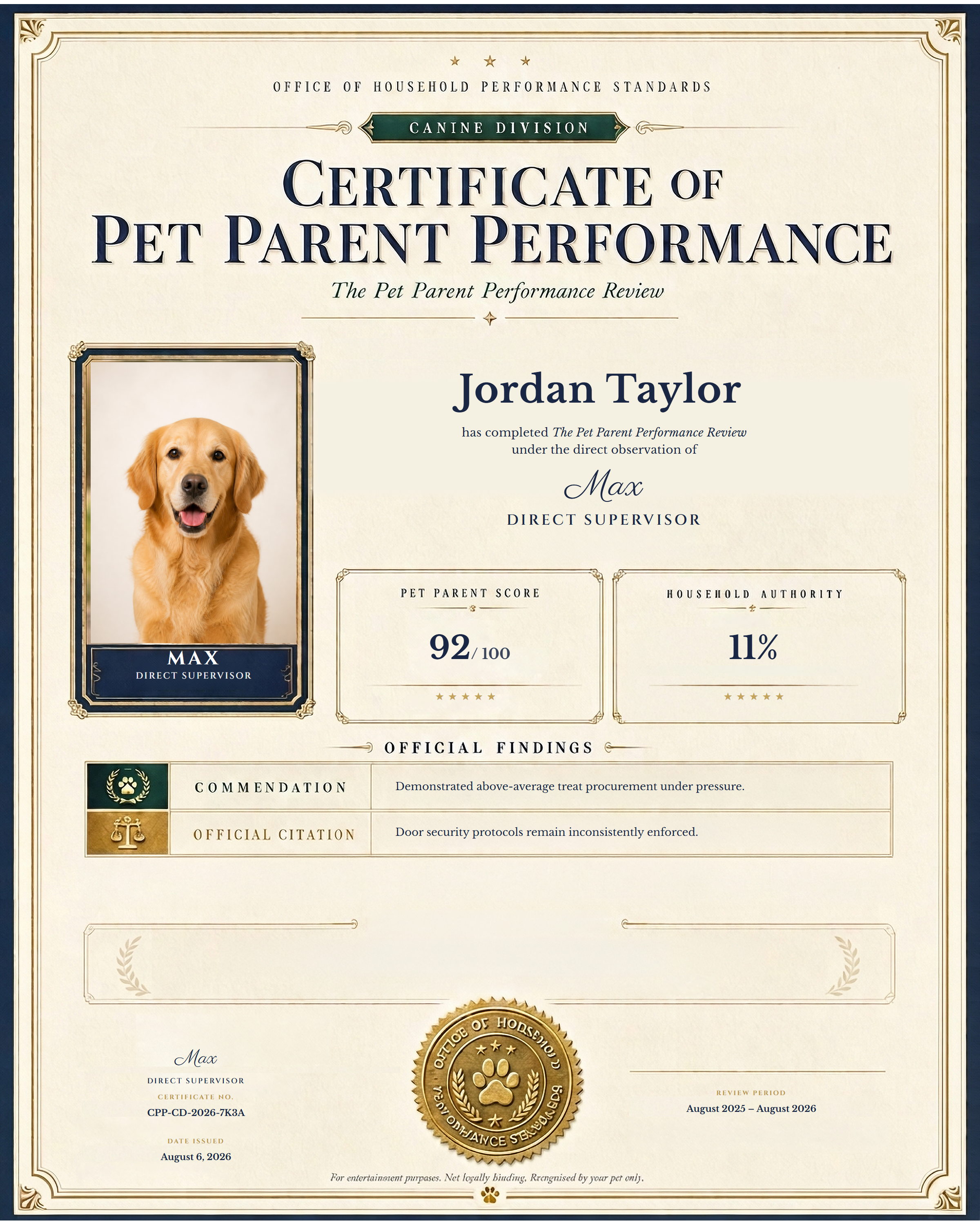 Preview of a Reviewed and Sealed Certified Pet Parent certificate