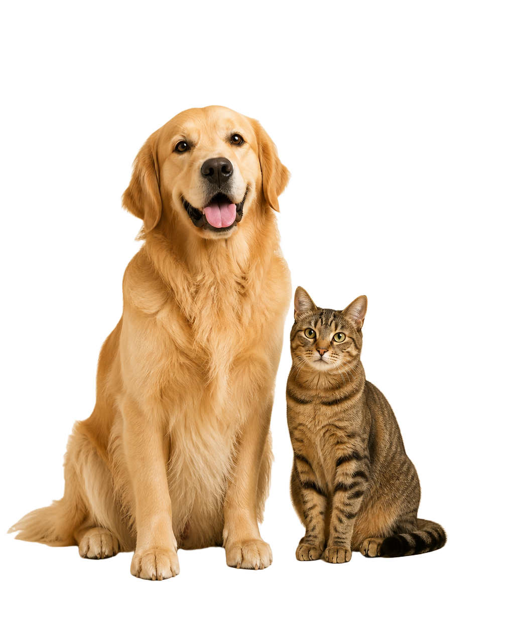 A golden retriever and tabby cat sitting together