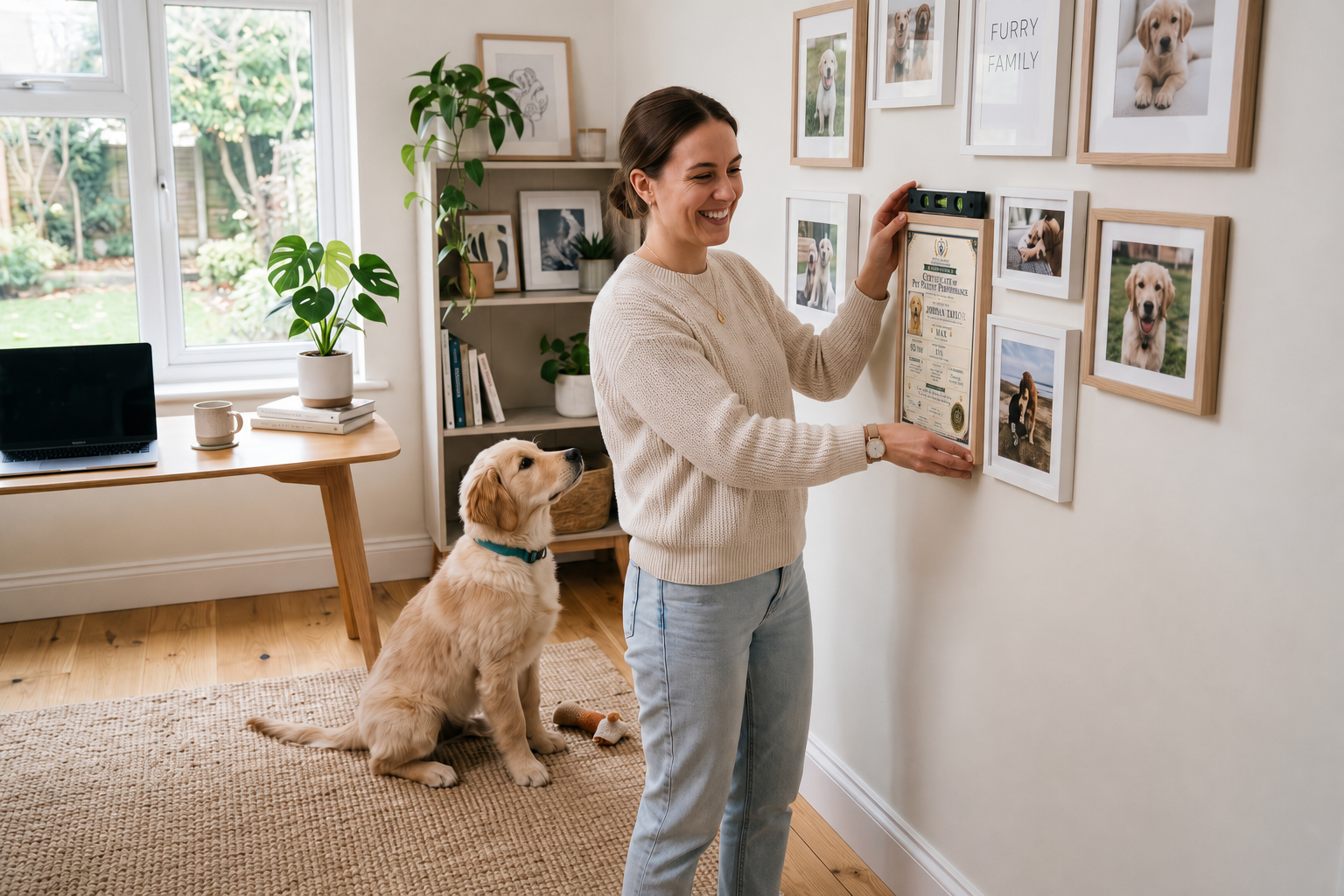 Framed certificate displayed on a wall near a dog