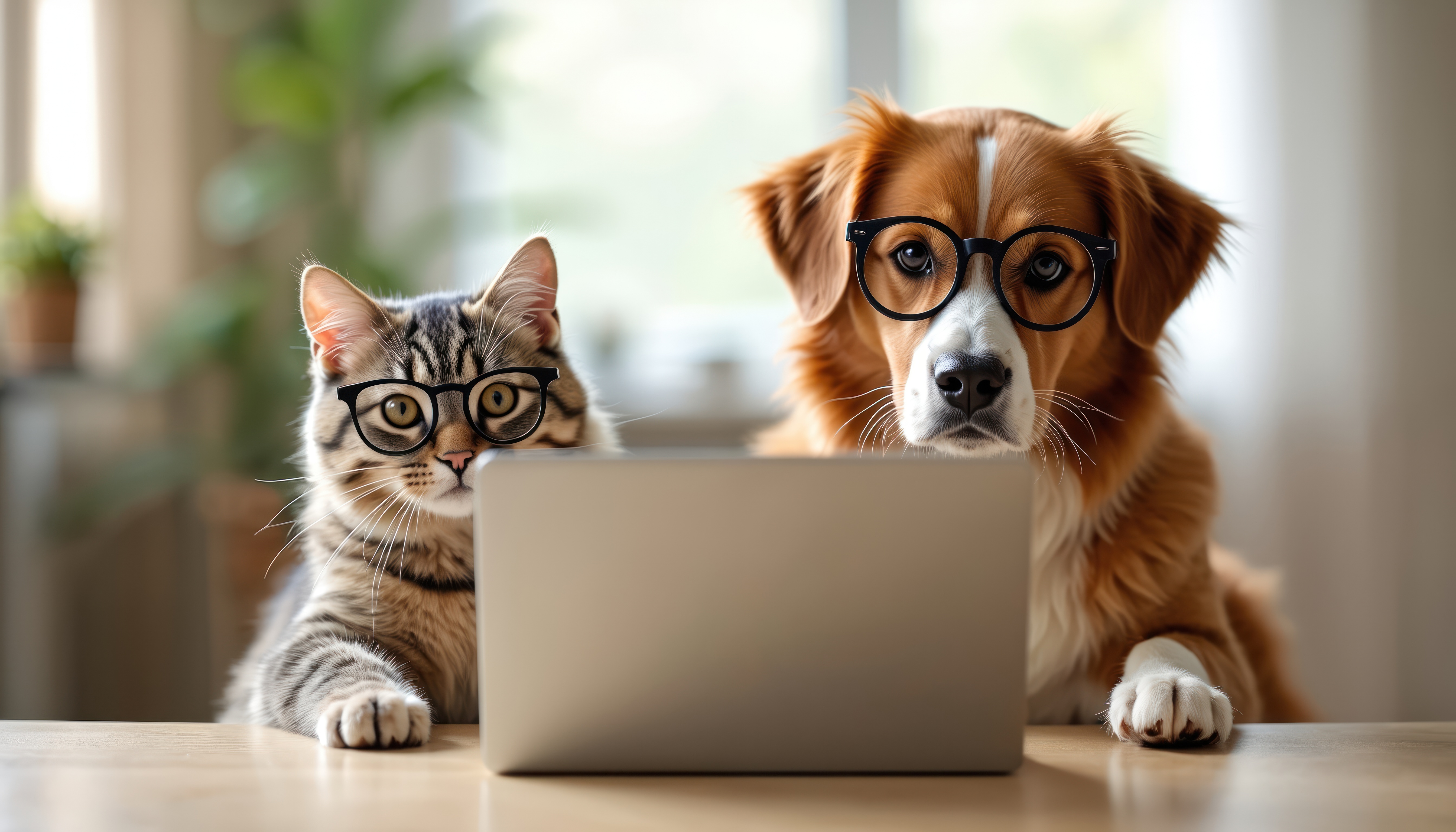 Dog and cat reviewing a Certified Pet Parent evaluation on a laptop