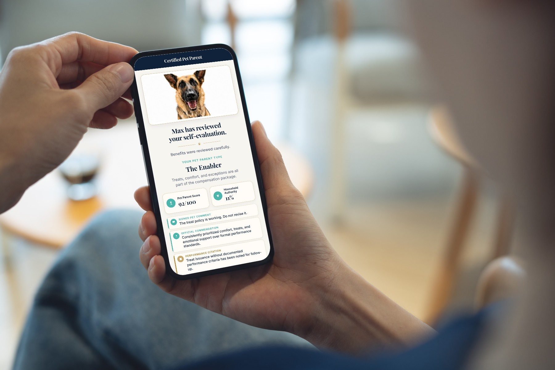 Personalized Certified Pet Parent review results on a phone, including Pet Parent Type, score, and household authority